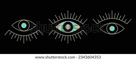 Evil eye set with three blue and golden open eyes. Mystical talisman. Vector illustration.