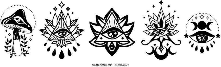 Evil eye set. Witchy illustrations with Third eye symbol, eyes talisman. Magic mushroom, lotus, triple moon with all-seeing eye. Sacred esoteric elements