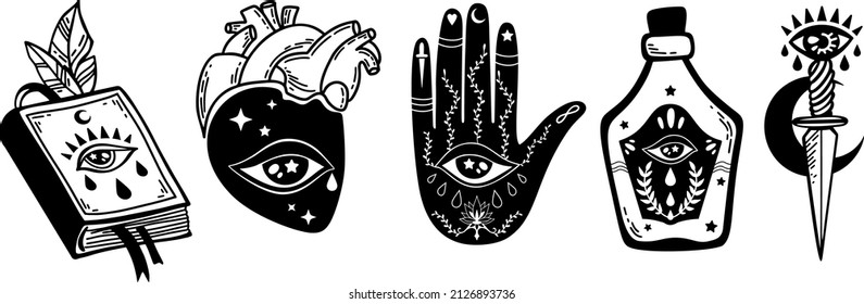 Evil eye set. Witchy illustrations with Third eye symbol, eyes talisman. Magic book, potion bottle, hand and heart, dagger with all-seeing eye. Sacred esoteric elements