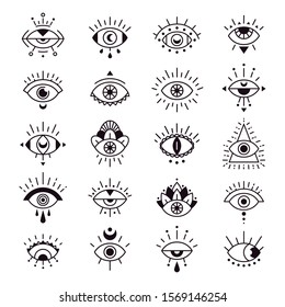 Evil eye sign. Decorative alchemy eyes symbol design, mystic, occult tattoo style vector illustration set