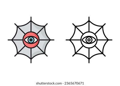 
böse Augenspinnen Web-Symbol, Halloween. mit Farbumriss und Linien einzeln auf weißem Hintergrund.
