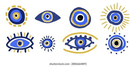 Evil eye symbol collection in hand drawn naive style. Blue and gold nazar amulet vector set for protection, spiritual and Mediterranean design.