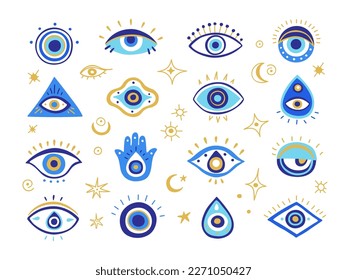 Evil eye symbols. Mystic Greek and Turkish eyes of evil malevolent glare, spiritual hamsa hand and magic amulet vector illustration set. Sacred traditional talisman for protection and luck