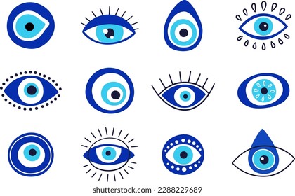 Evil eye talisman icons. Turkish or greek eye symbols. Greece ethnic magic amulet. Mystical blue hamsa icons set in hand drawn style. Nazar amulet symbol. Vector illustration isolated in doodle style.