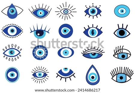 Evil eye talisman icons. Turkish or greek eye symbols. Greece ethnic magic amulet. Mystical blue hamsa icons set in hand drawn style. Nazar amulet symbol. Vector illustration isolated in doodle style.