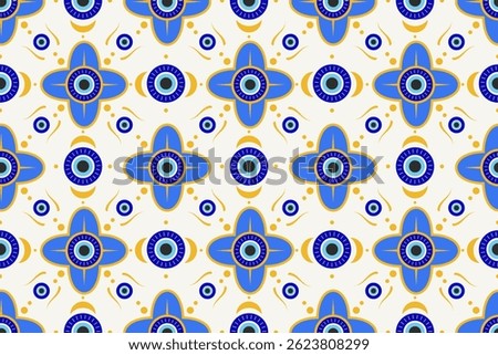 Evil eye Turkish pattern. Greek ornament seamless background with blue beads. Magic nazar amulet. Abstract symbol of luck energy and protection. Mystic ornament with spiritual talismans.