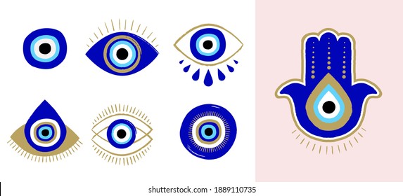 Evil eye or Turkish eye symbols and icons set. Modern amulet design and home decor idea - Shutterstock ID 1889110735