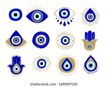 Evil eye or Turkish eye symbols and icons set. Modern amulet design and home decor idea