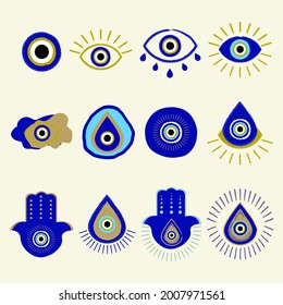 Evil eye or Turkish eye symbols and icons set. Hand drawn various talismans. Hand drawn eyes talismans, fatima hand, hamsa, sacred spirituality amulets vector illustration icons.