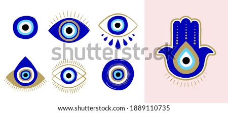 Evil eye or Turkish eye symbols and icons set. Modern amulet design and home decor idea 商業照片 © 