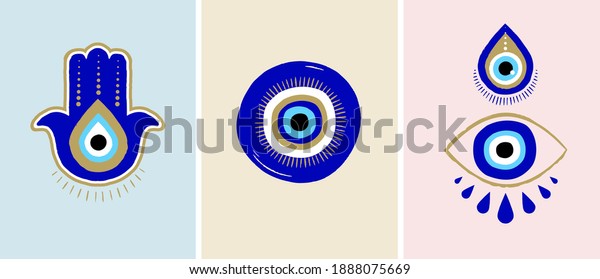 Evil eye or Turkish eye symbols and icons\
set. Modern amulet design and home decor\
idea