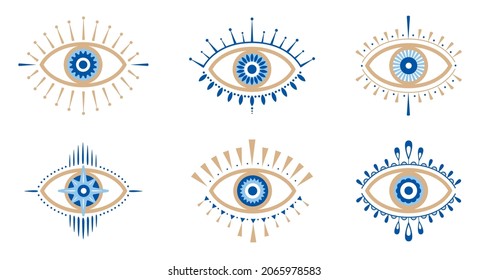 Evil eye vector design elements. Magic, witchcraft, occult symbol, bohemian. line art collection. Hamsa eye, magical eye, decor element. Blue, white, golden eyes. 