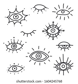 Evil eye vector isolated doodle set. Magic, witchcraft, occult symbol, lip art line art collection. Hamsa eye, magical eye, decor element.