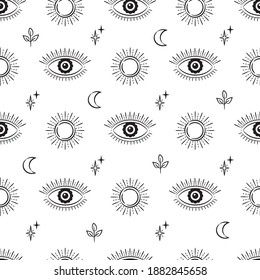 Patrón sin fisuras del vector de ojos malvados. Magia, brujería, símbolo oculto, colección de arte de línea. Vista Hamsa, sol, luna, ojos mágicos, elemento decorativo. Tela en blanco y negro, textil, software, papel pintado.