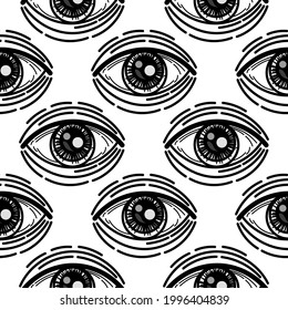Evil eye vector seamless pattern. Magic, witchcraft, occult symbol, line art collection. Hamsa eye, magic eye, decorative element. Fabric, textiles, gifts, wallpaper.