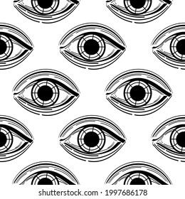 Evil eye vector seamless pattern. Magic, witchcraft, occult symbol, line art collection. Hamsa eye, magic eye, decorative element. Fabric, textiles, gifts, wallpaper.