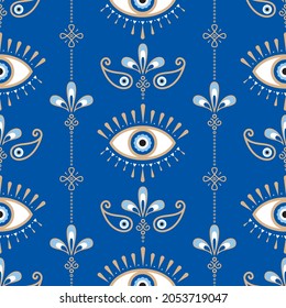 Evil eye vector seamless pattern. Magic, witchcraft, occult symbol, line art collection. Hamsa eye, magical eye, decor element. Blue, white, golden eyes. Fabric, textile, giftware, wallpaper.