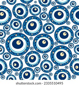 Evil eye vector seamless pattern. Magic, witchcraft, occult symbol, line art collection. Hamsa eye, magical eye, decor element. Blue, white, eyes. Fabric, textile, giftware, wallpaper.