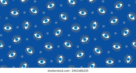 Vector de ojo malvado sin patrón. Magia, brujería, símbolo oculto, colección de arte lineal. Ojo Hamsa, ojo mágico, elemento decorativo. Ojos azules, blancos, dorados. Tela, textil, regalos, Fondo de pantalla.