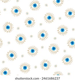 Evil eye vector seamless pattern. Magic, witchcraft, occult symbol, line art collection. Hamsa eye, magical eye, decor element. Blue, white, golden eyes. Fabric, textile, giftware, wallpaper.