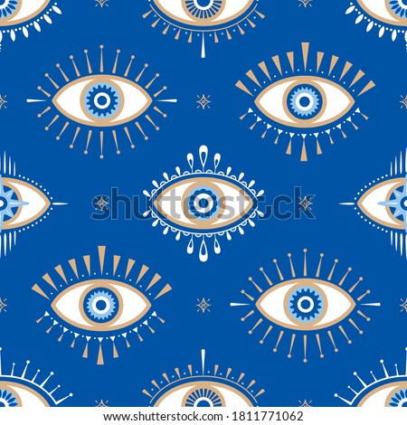 Evil eye vector seamless pattern. Magic, witchcraft, occult symbol, line art collection. Hamsa eye, magical eye, decor element. Blue, white, golden eyes. Fabric, textile, giftware, wallpaper. Сток-фото © 