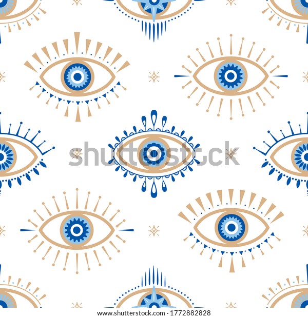 Evil\
eye vector seamless pattern. Magic, witchcraft, occult symbol, line\
art collection. Hamsa eye, magical eye, decor element. Blue, white,\
golden eyes. Fabric, textile, giftware,\
wallpaper.