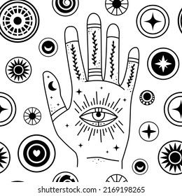 Evil eyes around mystic hand seamless pattern. Geometric various talismans, protection. Flat design monochrome design