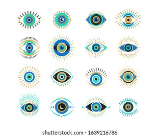 Colección de ojos malvados. Ilustraciones vectoriales modernas y modernas, idea de decoración doméstica