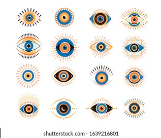 Colección de ojos malvados. Ilustraciones vectoriales modernas y modernas, idea de decoración doméstica