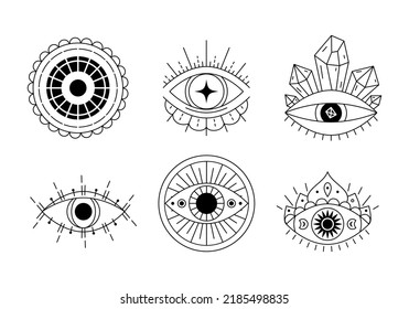Evil eyes collection. Magic witchcraft eye talisman, magical esoteric eyes line art. Religion sacred geometry symbols icons set. Amulet talisman, various luck souvenir
