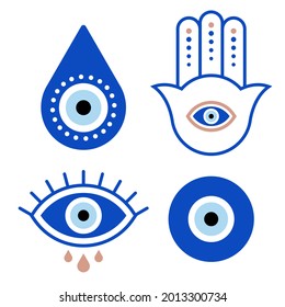 Colección de ojos malvados. Conjunto vectorial de talismanes de protección. Imagen de línea. Iconos azul vectorial.