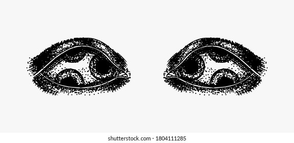 The evil eyes of the gorgon jellyfish for tattoo or label. Lizard look. Engraved hand drawn line art. Vector illustration. Vintage old monochrome sketch. 