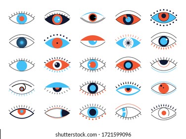 Evil Eyes Icons. Set Of Flat Design Talismans. Colorful Eyes With Lashes Different Shapes. Vector Illustration