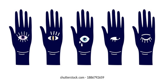 Evil eyes. Magic hand with eye symbols. Different open arms vector silhouettes