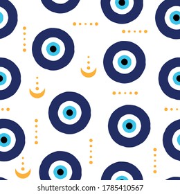 Evil eyes seamless pattern. Abstract hand drawn greek eye talismans, doodle shapes cartoon style. Trendy vector illustration.
