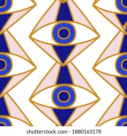 Ojos malvados patrón sin fisuras en colores azules, blancos, dorados. Estilo geométrico mediterráneo de Boho, magia, símbolo oculto de decoración. Tejidos modernos y contemporáneos, diseño textil, fondo vectorial