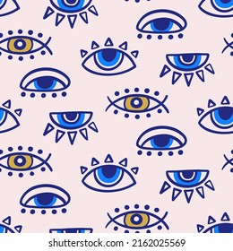 Evil eyes seamless pattern in blue, white, golden colors. Mediterranean geometric Boho style, magic, occult symbol decor element. Contemporary modern trendy fabric, textile design, vector background