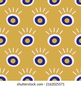 Evil eyes seamless pattern in blue, white, golden colors. Mediterranean geometric Boho style, magic, occult symbol decor element. Contemporary modern trendy fabric, textile design, vector background