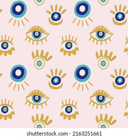 Evil eyes seamless pattern in blue, white, golden colors. Mediterranean geometric Boho style, magic, occult symbol decor element. Contemporary modern trendy fabric, textile design, vector background