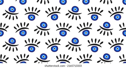 Evil eyes seamless pattern in blue, white colors. Mediterranean geometric Boho style, magic, occult symbol decor element. Contemporary modern trendy fabric, textile design, vector background