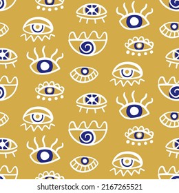 Evil eyes seamless pattern in blue, white colors. Mediterranean geometric style, talisman symbol decor element. Contemporary modern trendy fabric, textile design, vector background