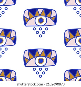 Ojos malvados patrón sin fisuras en colores azules, blancos, dorados. Estilo geométrico mediterráneo de Boho, magia, símbolo oculto de decoración. Tejidos modernos y contemporáneos, diseño textil, fondo vectorial