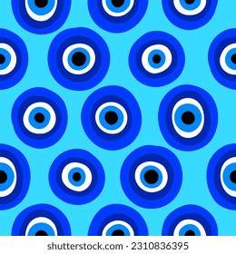 Ojos malvados patrón sin fisuras - talismanes de ojos griegos dibujados a mano abstractos azules. Ilustración de moda. Doodle de mano libre en estilo de caricatura.