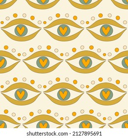 Evil eyes seamless pattern. Hippie 70s Retro Cute Happy Colorful print. Boho style, magic, occult symbol decor. Contemporary modern trendy fabric, textile design, vector background