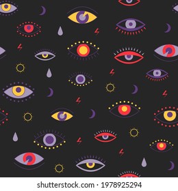Evil eyes seamless pattern. Eyes with lashes modern flat design for print. Contemporary trendy vector illustration