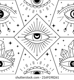 Evil eyes seamless pattern. Line art various talismans, protection. Flat design monochrome modern trendy design