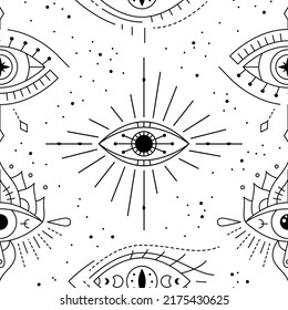 Evil eyes seamless pattern. Line art various talismans, protection. Flat design monochrome modern trendy design