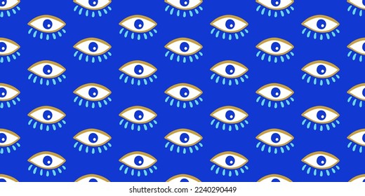 Patrón impecable de ojos malvados. Textura de fondo vectorial de Magic Nazar, adorno decorativo de amuleto ocular turco. Impresión de tela a la moda de estilo retro, diseño textil, papel pintado.