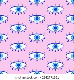 Patrón impecable de ojos malvados. Textura de fondo vectorial de Magic Nazar, adorno decorativo de amuleto ocular turco. Impresión de tela a la moda de estilo retro, diseño textil, papel pintado.