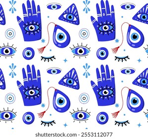 Evil eyes seamless pattern. Repeating design element for printing on fabric. Mysticism and esotericism, occultism. Hands and triangles with eyes. Arabic culture. Flat vector illustration